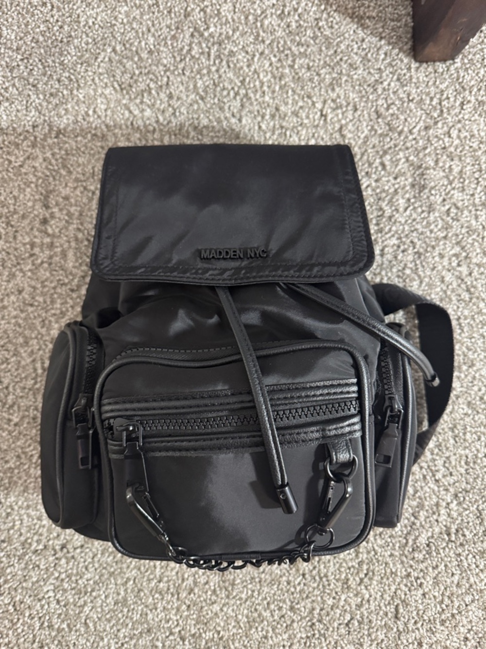 Madden NYC Black Nylon Mini Backpack with Chain Detail